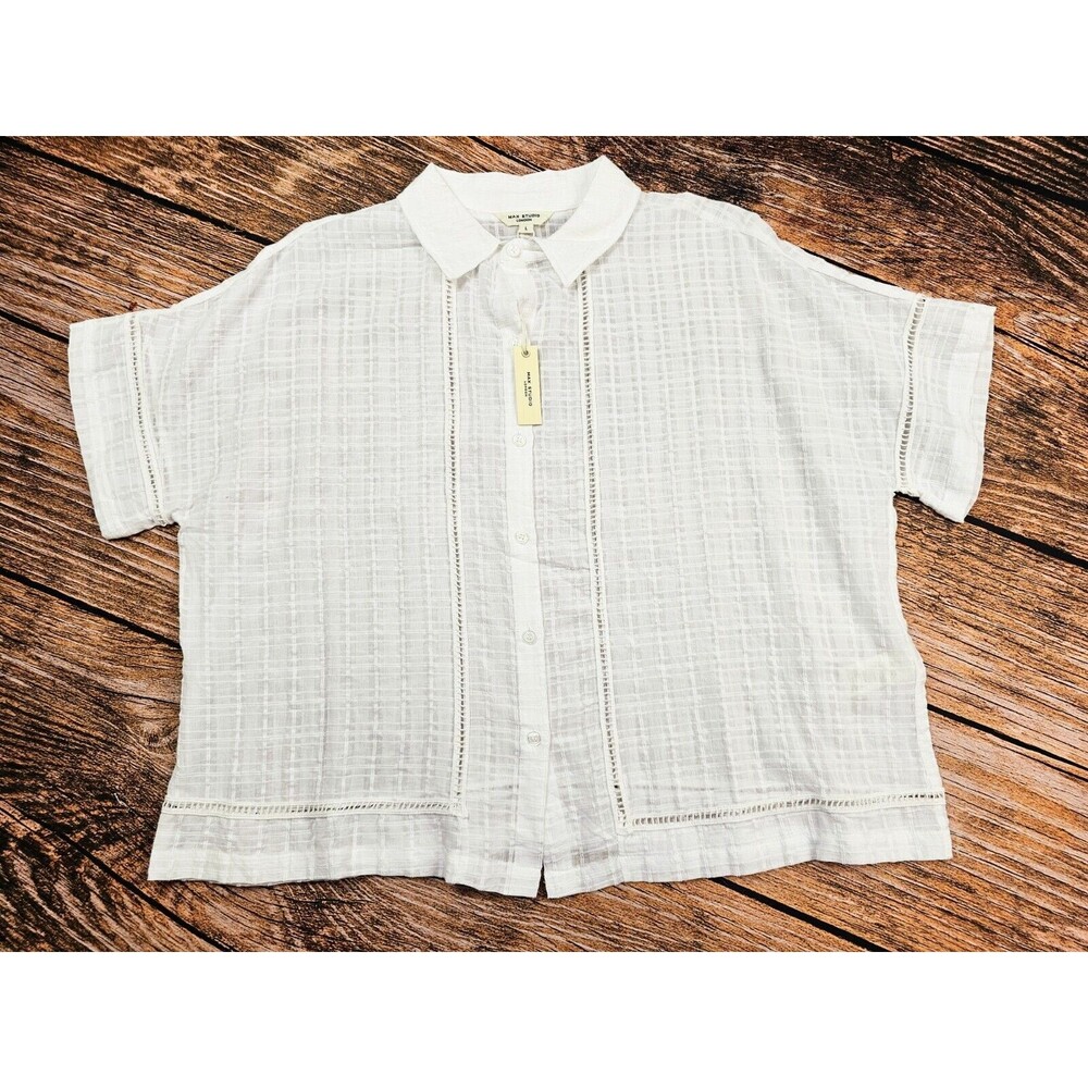 NWT $118 Max Studio Womens L White Blouse Shirt Short Sleeve Boxi Boho Crochet